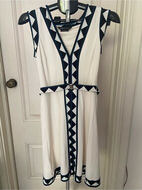 BCBGMaxAzria White Dress with Geometric Trim